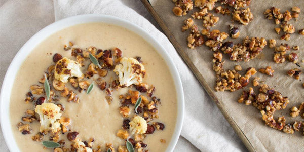 Roasted Cauliflower Soup with Honey Hazelnut Praline Crumble